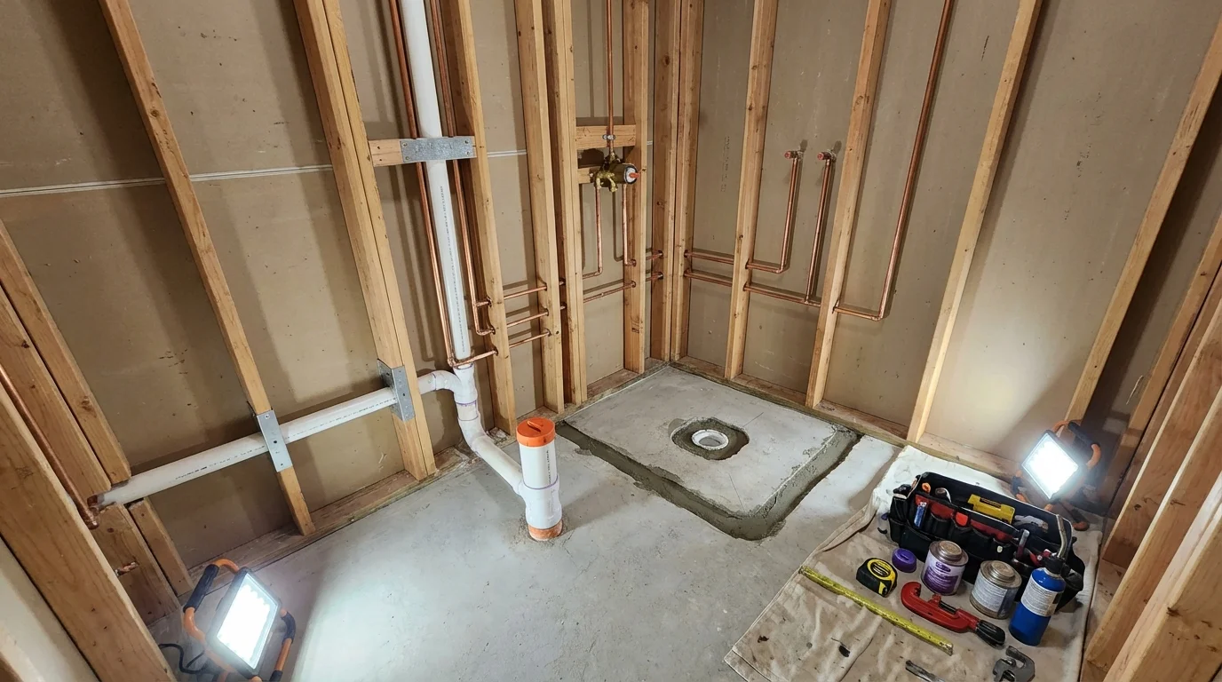 Bathroom rough-in plumbing during remodel by Johns Plumbing LLC in Hallettsville