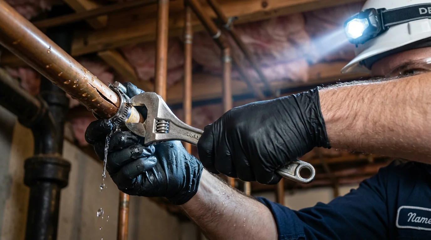 Emergency pipe clamp repair being performed by a Johns Plumbing LLC plumber in Hallettsville