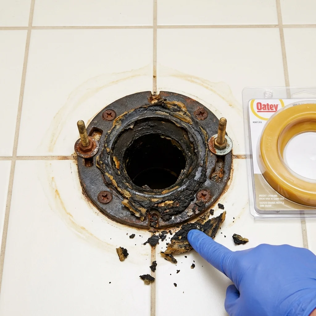 Failed wax ring showing water seepage at the base of a toilet in a Hallettsville, TX home