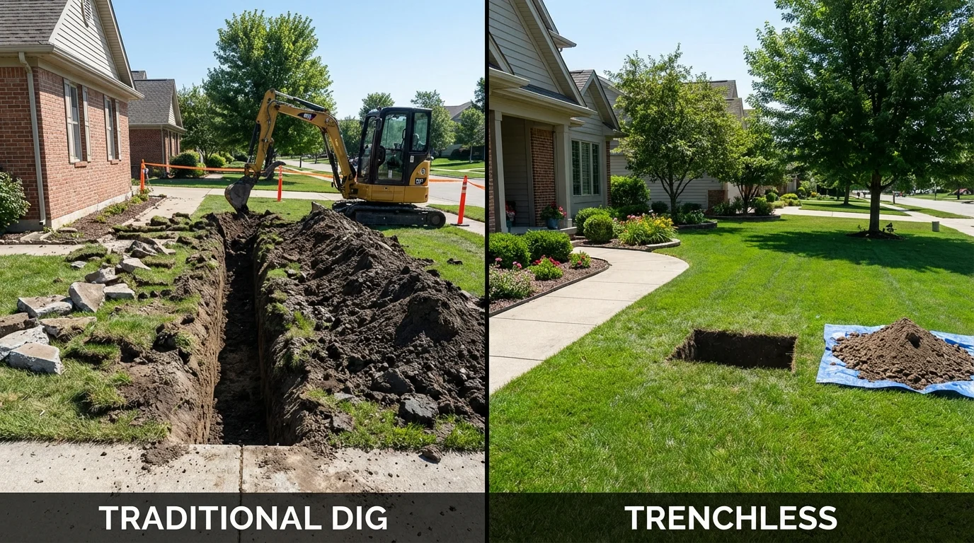 Trenchless sewer repair with minimal yard damage versus traditional excavation in Hallettsville, TX