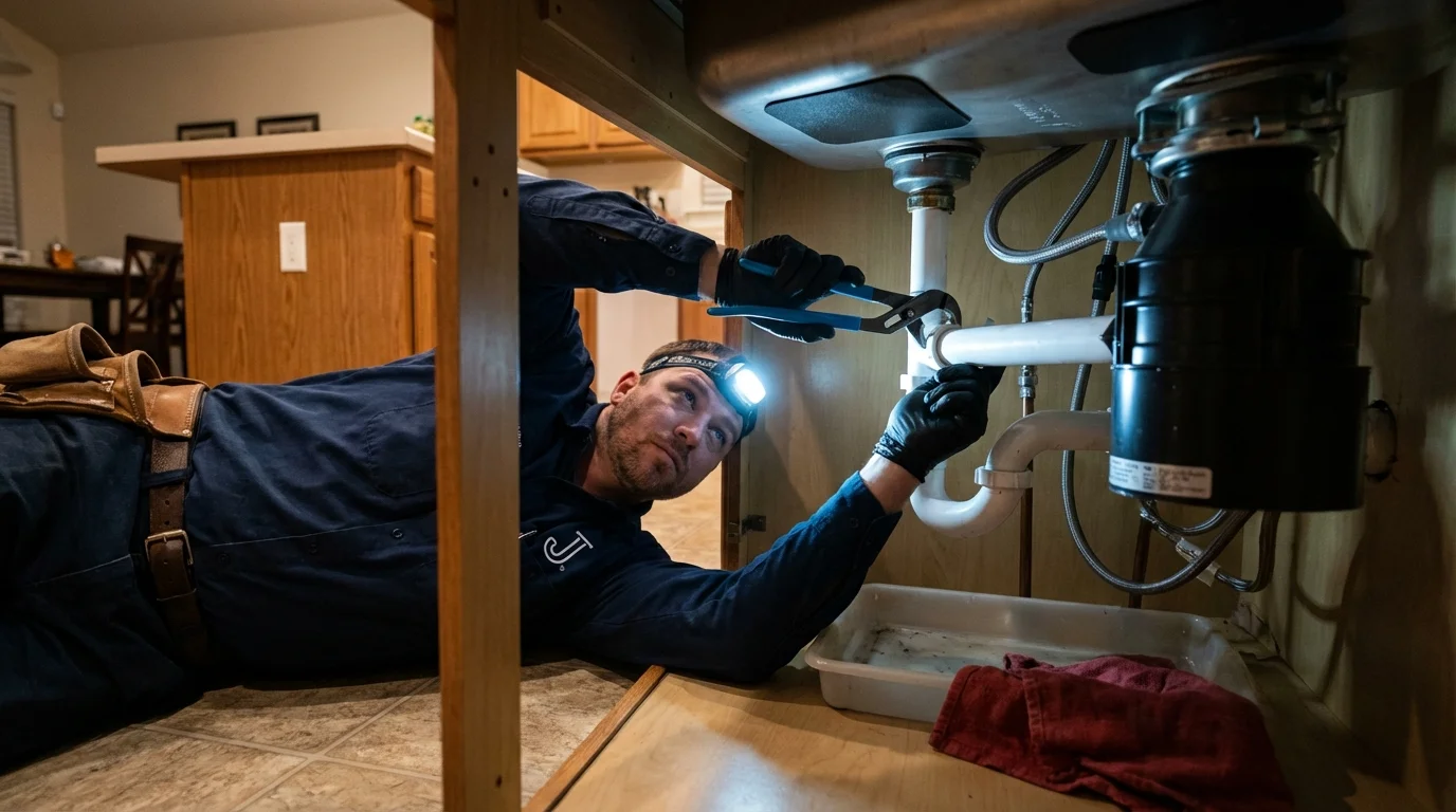 P-trap and supply line connections under a kitchen sink showing a common leak point in Hallettsville, TX